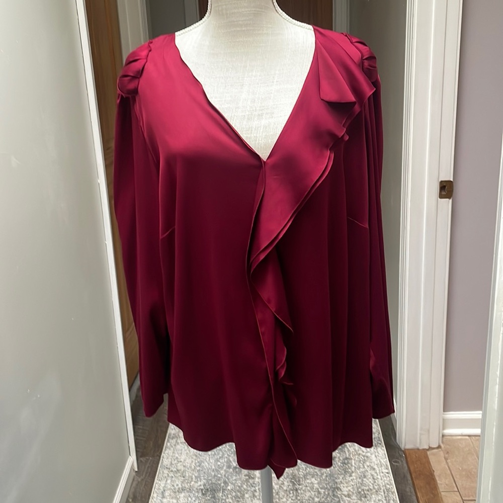 Elie Tahari silk blouse in deep red/burgundy with amazing ruffles